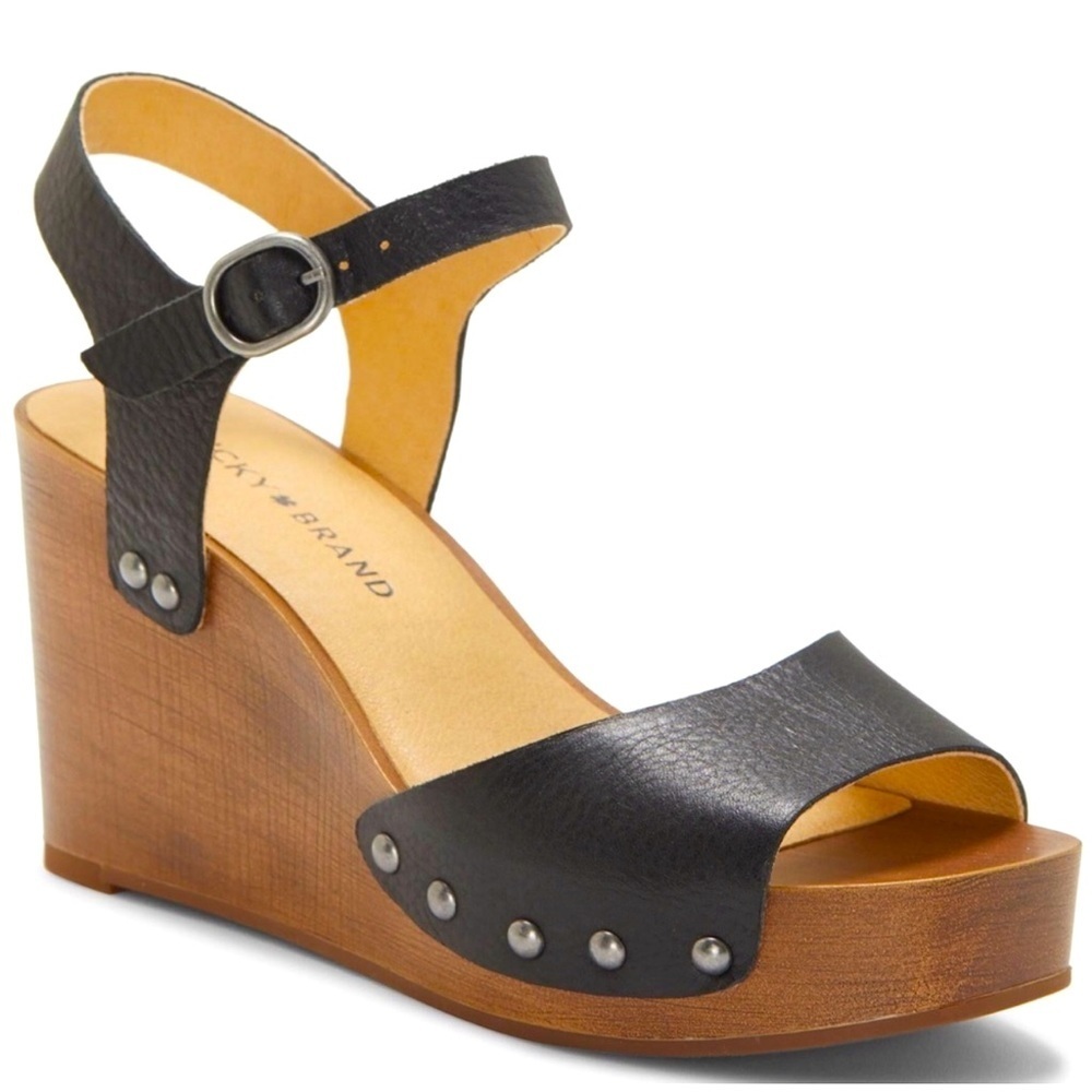 Lucky Brand Shoes Womens 9.5 Sandals Wedge Ankle Strap Leather Studs Black NEW - Picture 1 of 2